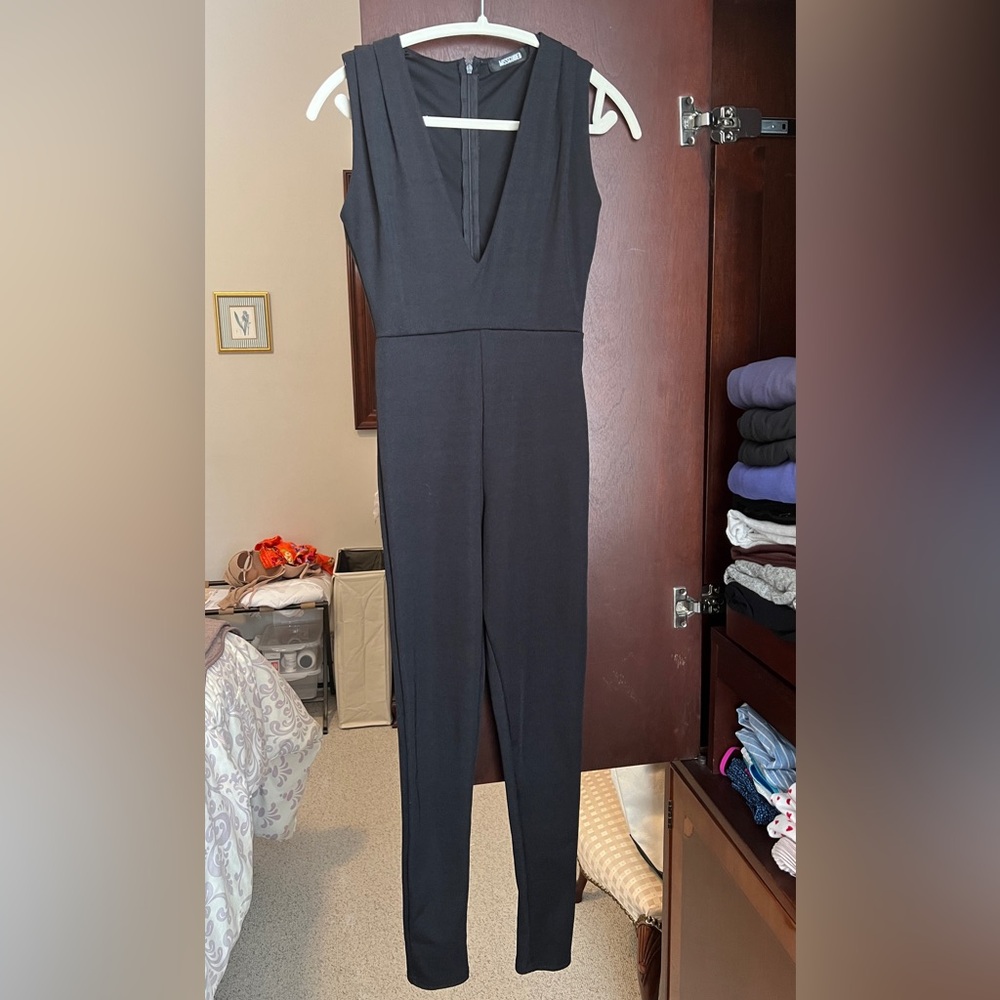 Misguided Deep V Black Jumpsuit